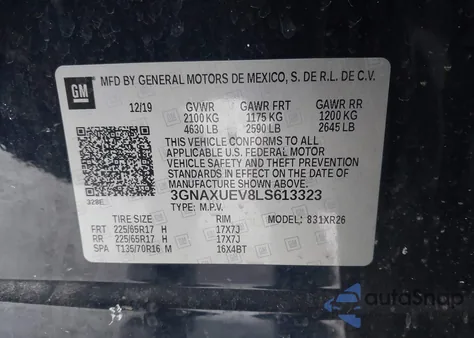 2020 Chevrolet Equinox Awd Lt 1.5L Turbo z USA, uszkodzony, nr VIN 3GNAXUEV8LS613323